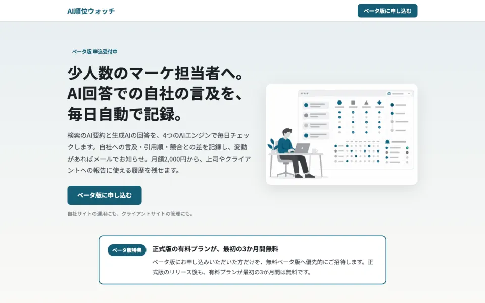 AI順位ウォッチ 事前登録LP(2026年10月時点)
