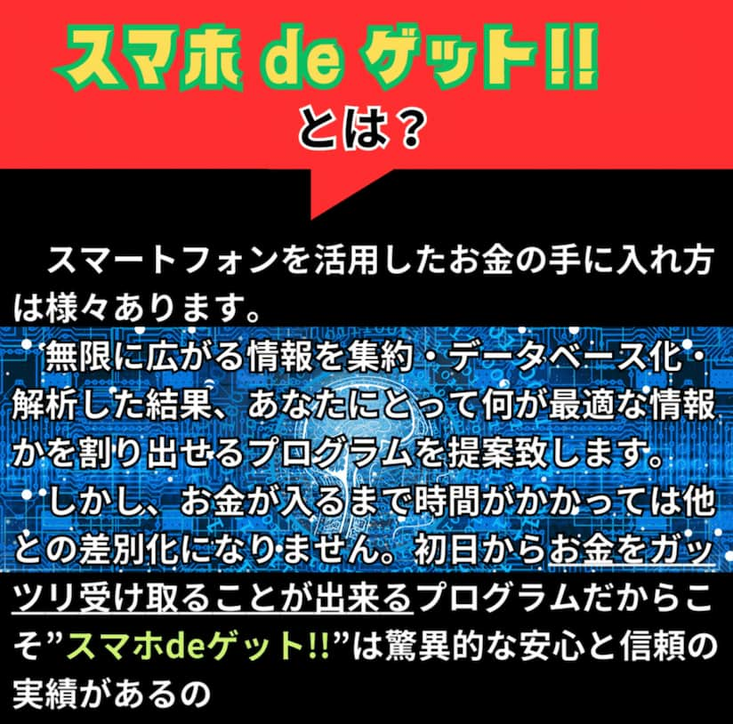 スマホdeゲット！は、無限に広がる情報を集約・データベース解析した結果、あなたに最適な情報かを割り出せるプログラムを提供してくれるという副業。