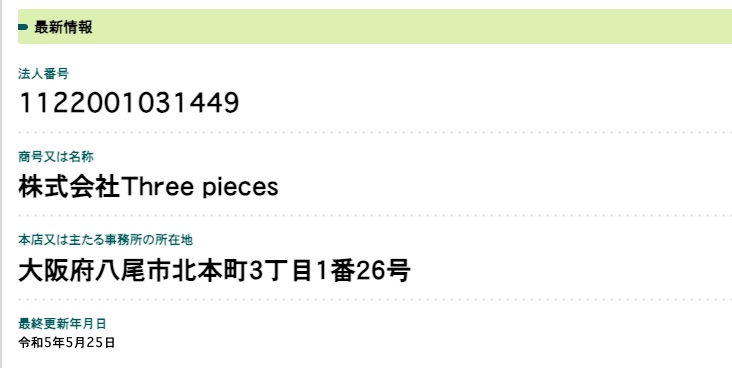 株式会社Three piecesの登記
