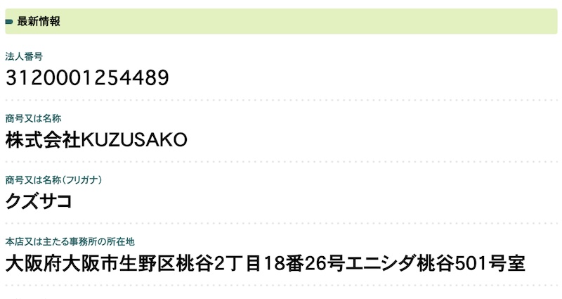 株式会社KUZUSAKOの登記について